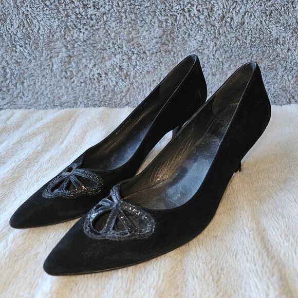 VTG Stuart Weitzman Women Cutout Suede Kitten Heel Pump Heels Size 7.5M Black‎ - Picture 1 of 10